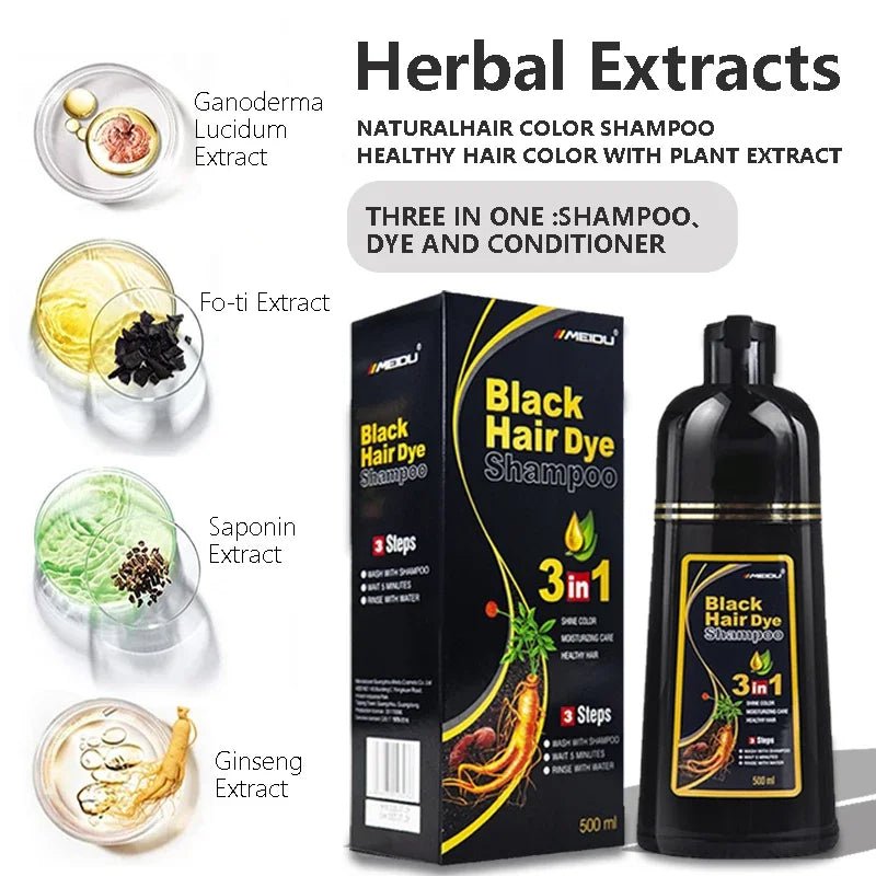 500 ml 3 - in - 1 - Haarfärbe - Shampoo, sofort verdunkelnd, grau bis schwarz, Polygonum Multiflorum, langlebig, effektive Färbung, Abdeckung für Männer und Frauen - FUXL - Shopify