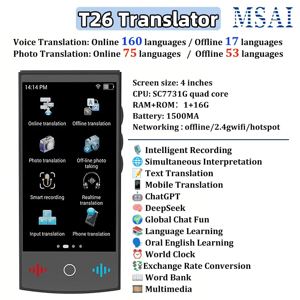 KI-Sprachübersetzer T26 – 160 Sprachen, ChatGPT, Offline & Echtzeitübersetzung