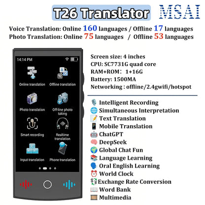 KI-Sprachübersetzer T26 – 160 Sprachen, ChatGPT, Offline & Echtzeitübersetzung