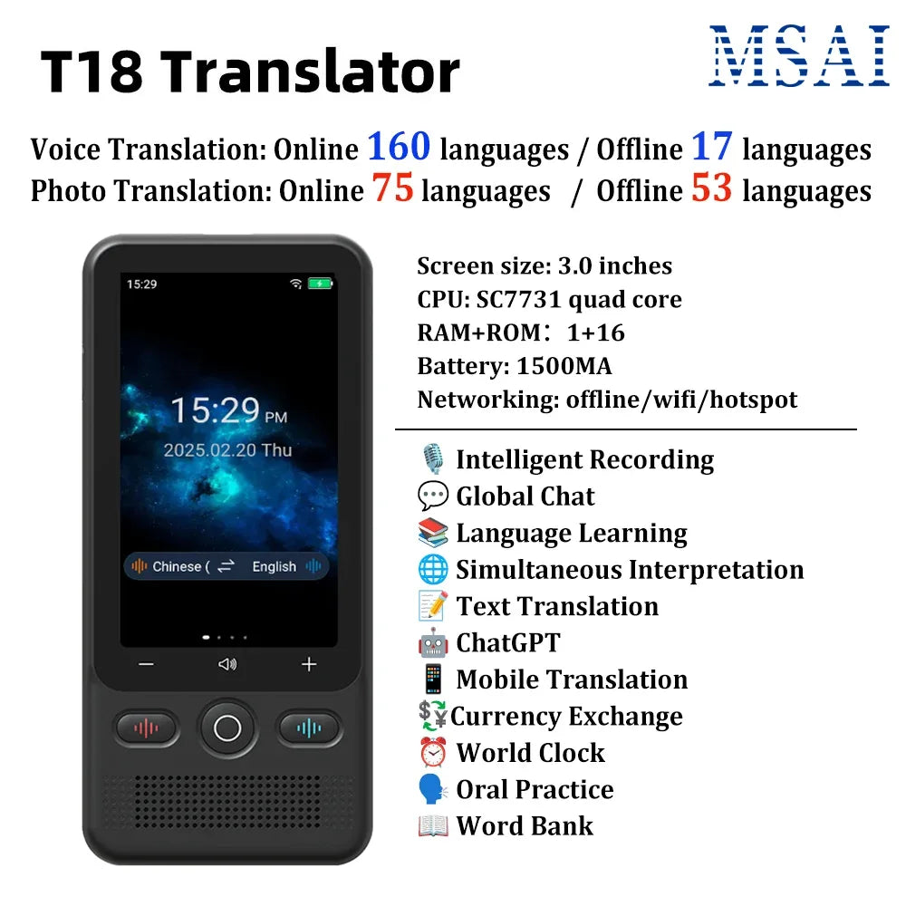 KI-Sprachübersetzer T26 – 160 Sprachen, ChatGPT, Offline & Echtzeitübersetzung
