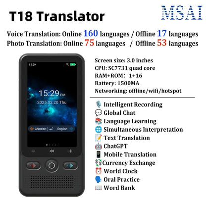 KI-Sprachübersetzer T26 – 160 Sprachen, ChatGPT, Offline & Echtzeitübersetzung