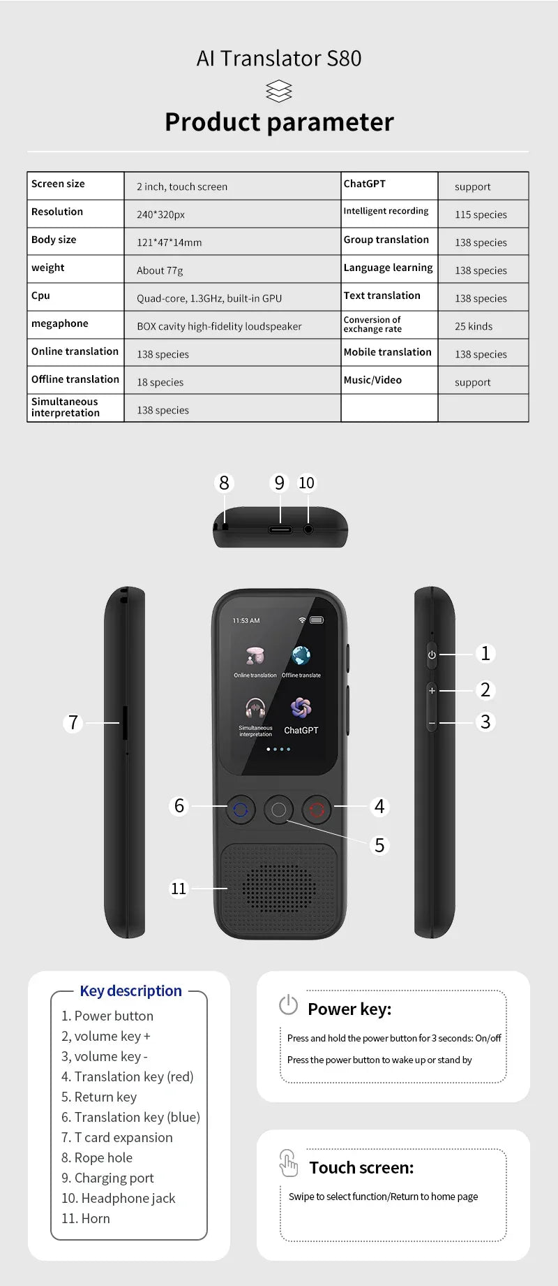 Sprachübersetzer S80 – 138 Sprachen, WiFi & Offline, Fotoübersetzung, Touchscreen
