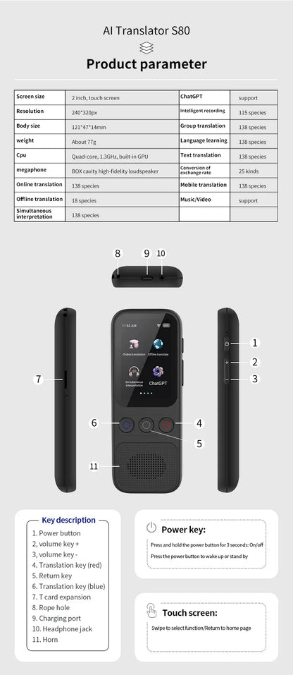 Sprachübersetzer S80 – 138 Sprachen, WiFi & Offline, Fotoübersetzung, Touchscreen