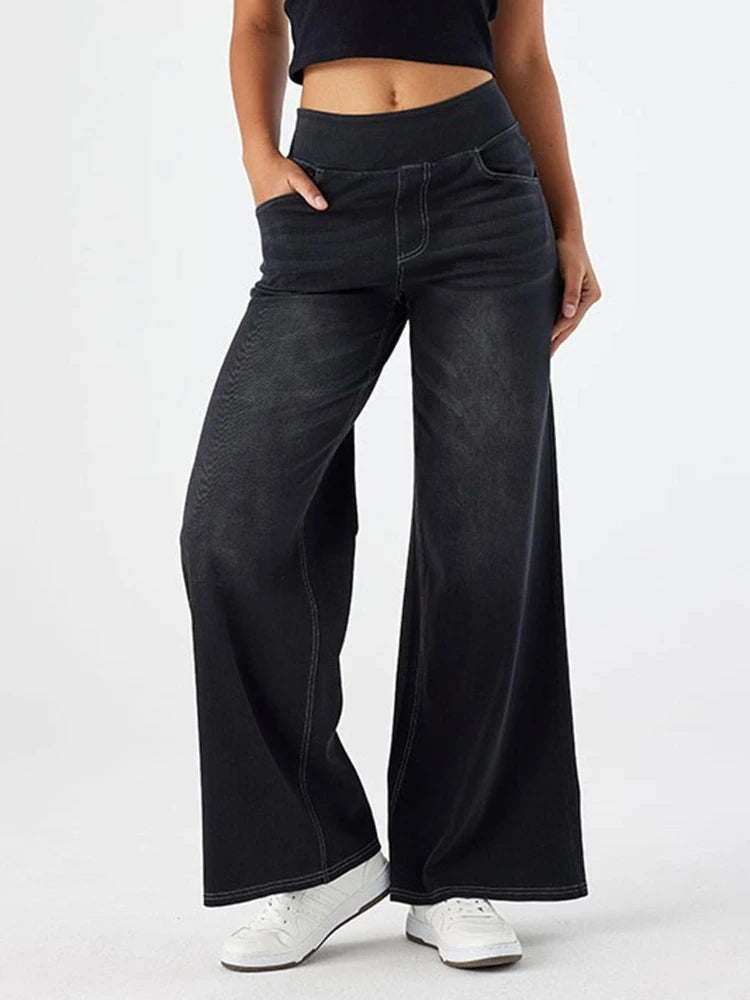 Damen High-Waist Jeans Weites Bein Knöchellang | Casual Streetwear