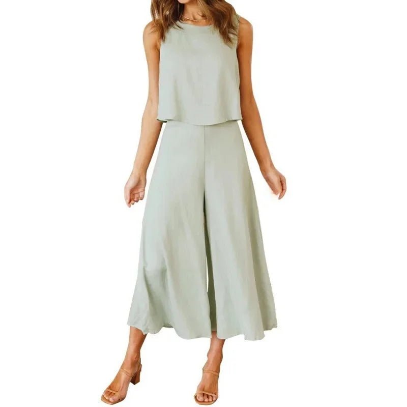 Neue 2025 frauen Sommer 2 Stück Set rundhals Kurze Reine Farbe Breite Bein Hosen Anzug Elegante Modische Casual komfortable - FUXL - Shopify