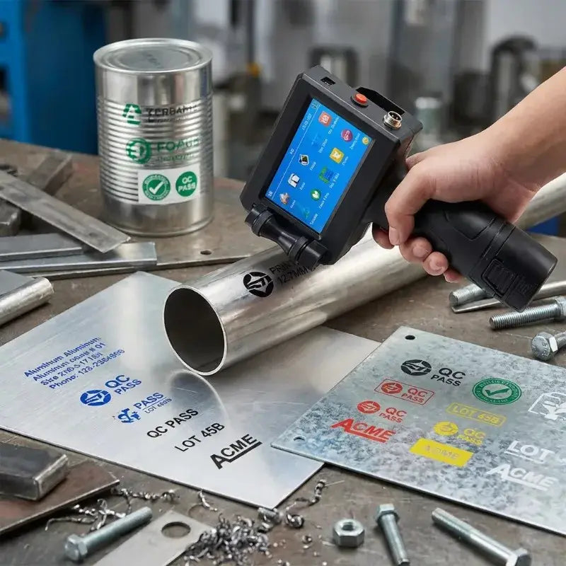 Schwarzer handheld tintenstrahldrucker mit touchscreen und oranger taste druckt logo auf metallrohr mit 7mm druckhöhe