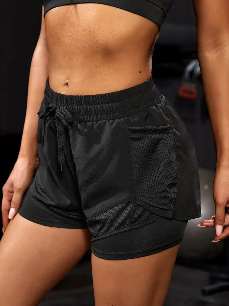 Elastische Sportshorts für Damen, Shorts mit Taschen, gefälschte zweiteilige Yoga-Leggings zum Laufen und Training
