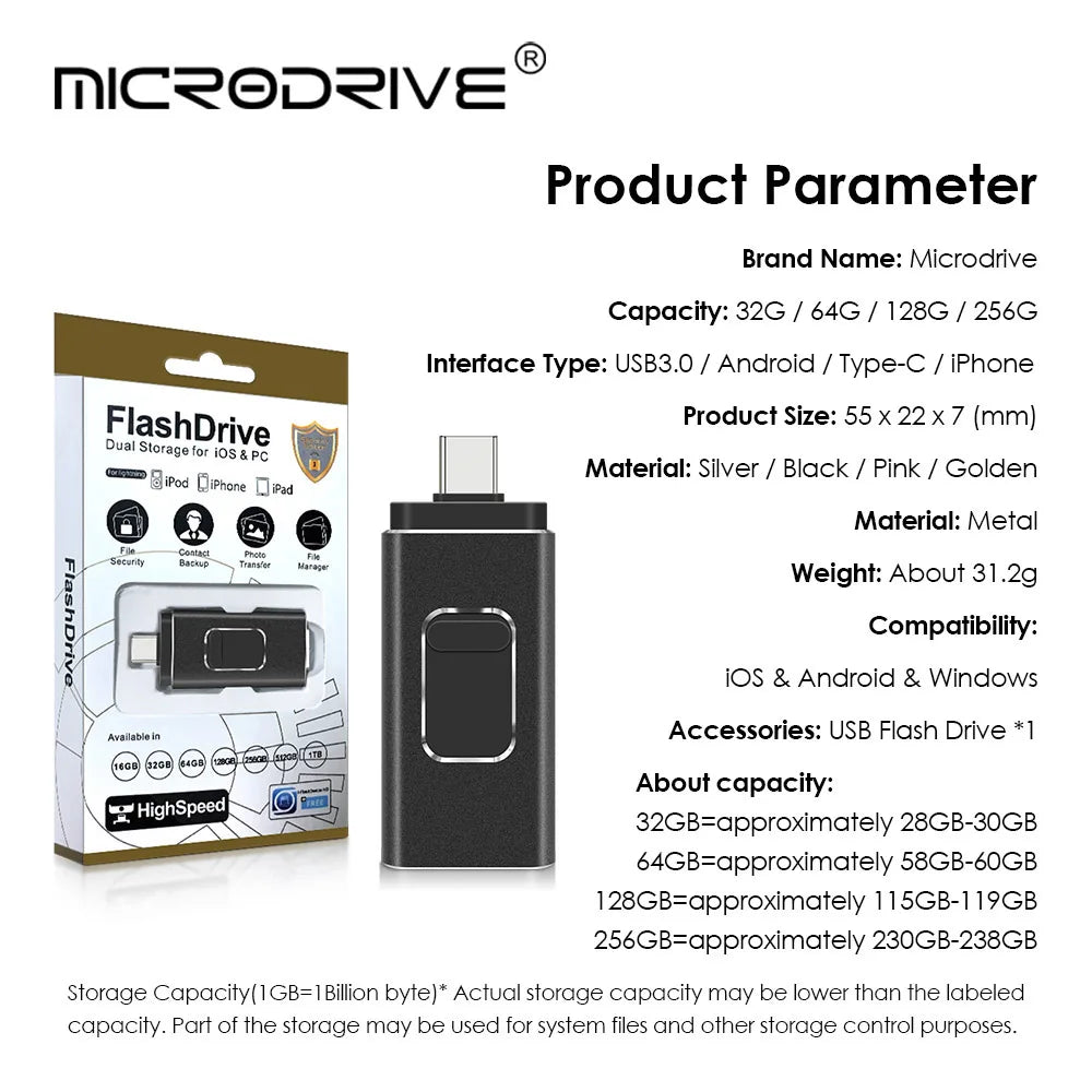 4-in-1-USB-Flash-Laufwerk, 64 GB, Hochgeschwindigkeits-Micro-USB-Stick, OTG-Typ-C-Stick, 32 GB, 128 GB, 256 GB, Memory Stick für iPhone, Samsung