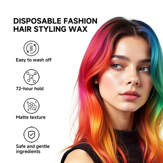 Model with colorful hair using disposable fashion hair styling wax, featuring easy wash-off and matte finish.
