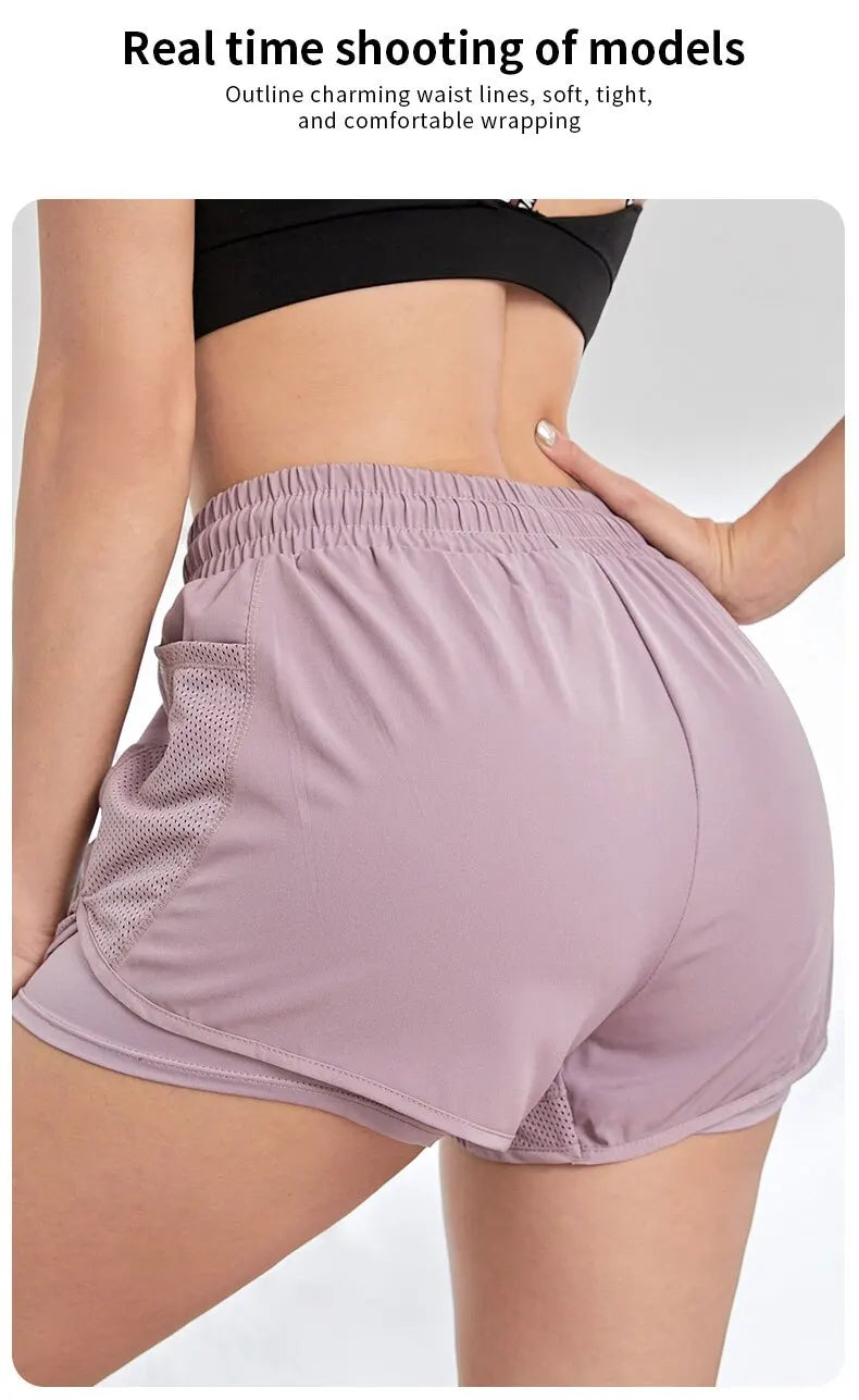 Elastische Sportshorts für Damen, Shorts mit Taschen, gefälschte zweiteilige Yoga-Leggings zum Laufen und Training