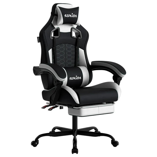 SUKIDA Gaming Stuhl Ergonomisch - Racing Bürostuhl Höhenverstellbar & Drehbar mit Kopfstütze & Lordosenstütze für Büro & Gaming - FUXLShop