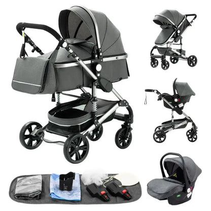 Luxuriöser 3-in-1 Kinderwagen – für Neugeborene, Reisegeeignet & Faltbar – Aluminiumrahmen, Liegefunktion, verstellbares Verdeck