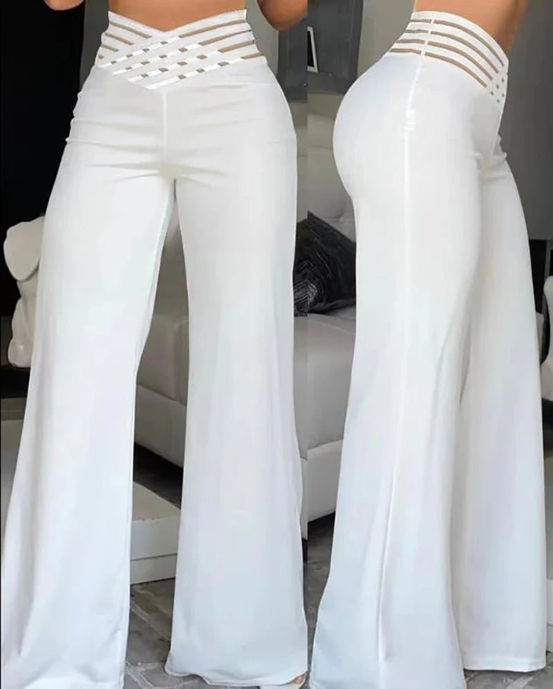 Frauen Ausgestelltes Hosen Elegante Büro Dame Casual Hohe Taille Hose Frühling Sommer Solide Kreuzmuster Sheer Mesh Patch Breite Bein Hose
