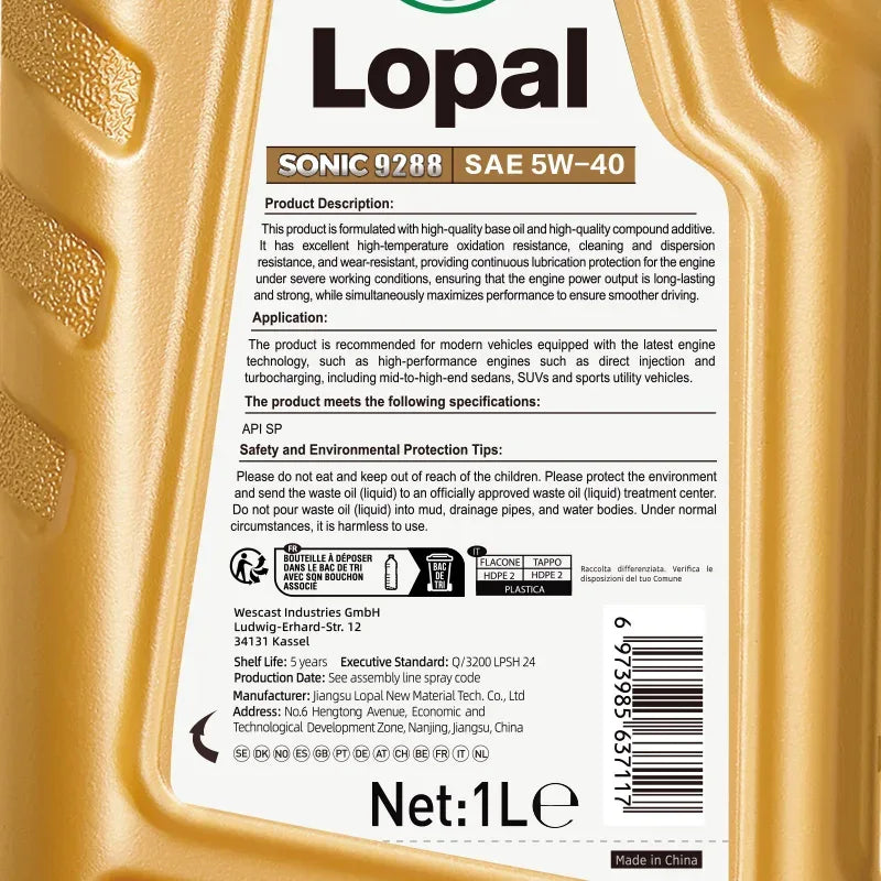 Lopal 5W-40 Vollsynthetisches Motoröl 6L (6×1L) – PKW, LKW & Fahrzeuge
