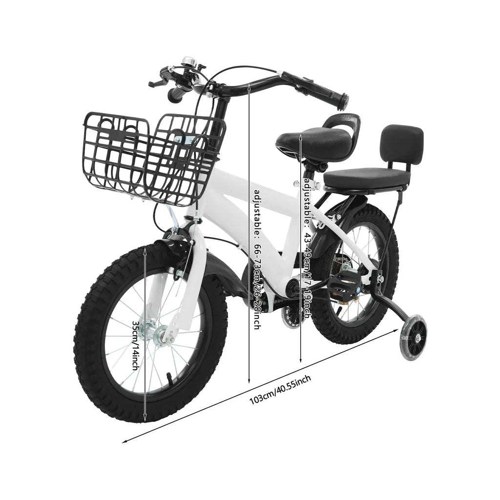 Kinderfahrrad 14 Zoll mit Korb & Rückenlehne – Höhenverstellbar, Stützräder, bis 60 kg belastbar für Kinder 3-7 Jahre - FUXLShop