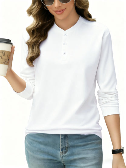 Einfarbiges Baumwoll-Henley Shirt für Damen – Y2K Stil, lange Ärmel, Herbstmode, Casual Streetwear, Knopfdesign, Allround-Style