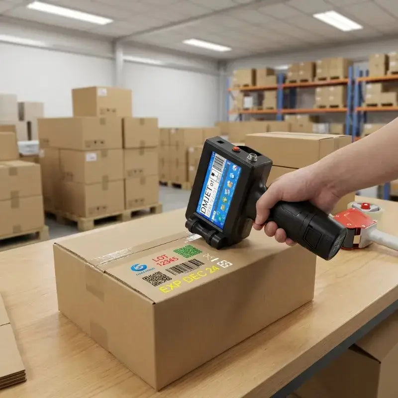 Schwarzer handheld tintenstrahldrucker mit digitaldisplay und rotem knopf zum logo drucken und etiketten auf karton mit 7mm druckhöhe