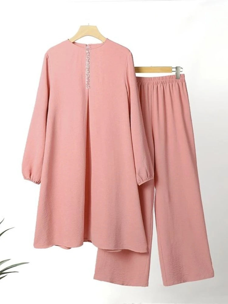 Muslimisches Damen-Set 2-teilig – Langarmbluse & Weithose, Abaya Dubai