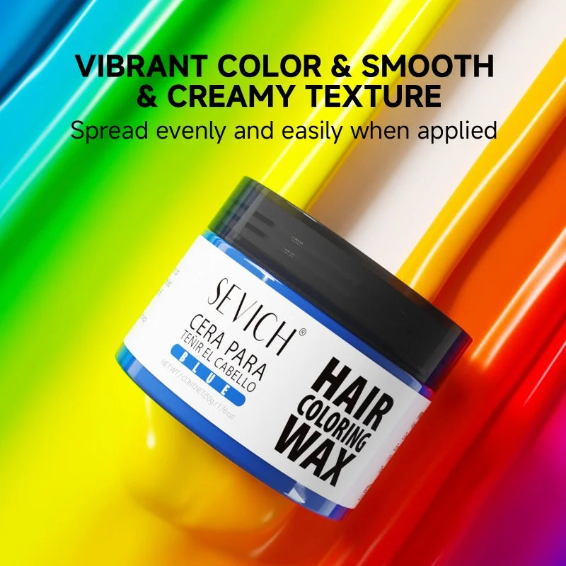 Sevich temporary hair coloring wax in a vibrant rainbow background, showcasing smooth texture and easy application.