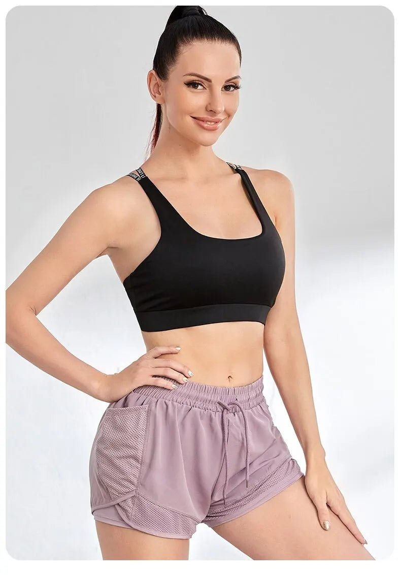 Elastische Sportshorts für Damen, Shorts mit Taschen, gefälschte zweiteilige Yoga-Leggings zum Laufen und Training