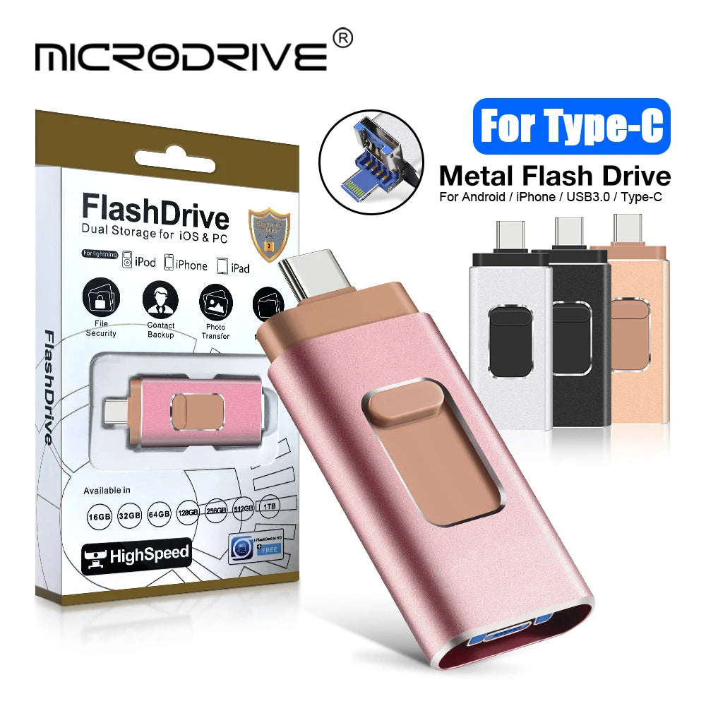 4-in-1-USB-Flash-Laufwerk, 64 GB, Hochgeschwindigkeits-Micro-USB-Stick, OTG-Typ-C-Stick, 32 GB, 128 GB, 256 GB, Memory Stick für iPhone, Samsung