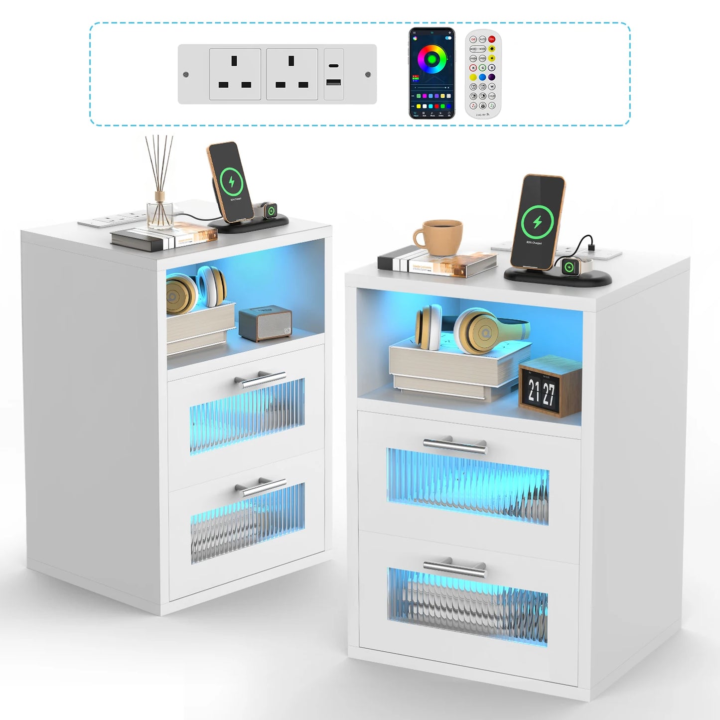 LED-Nachttisch mit 2 Schubladen & Ladestation - Moderner Beistelltisch für Schlafzimmer - Nachtkommode mit Beleuchtung in Schwarz & Weiß