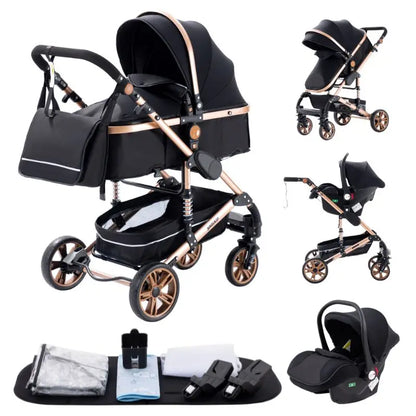 Luxuriöser 3-in-1 Kinderwagen – für Neugeborene, Reisegeeignet & Faltbar – Aluminiumrahmen, Liegefunktion, verstellbares Verdeck