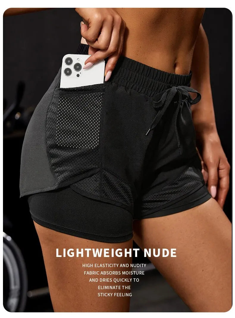 Elastische Sportshorts für Damen, Shorts mit Taschen, gefälschte zweiteilige Yoga-Leggings zum Laufen und Training