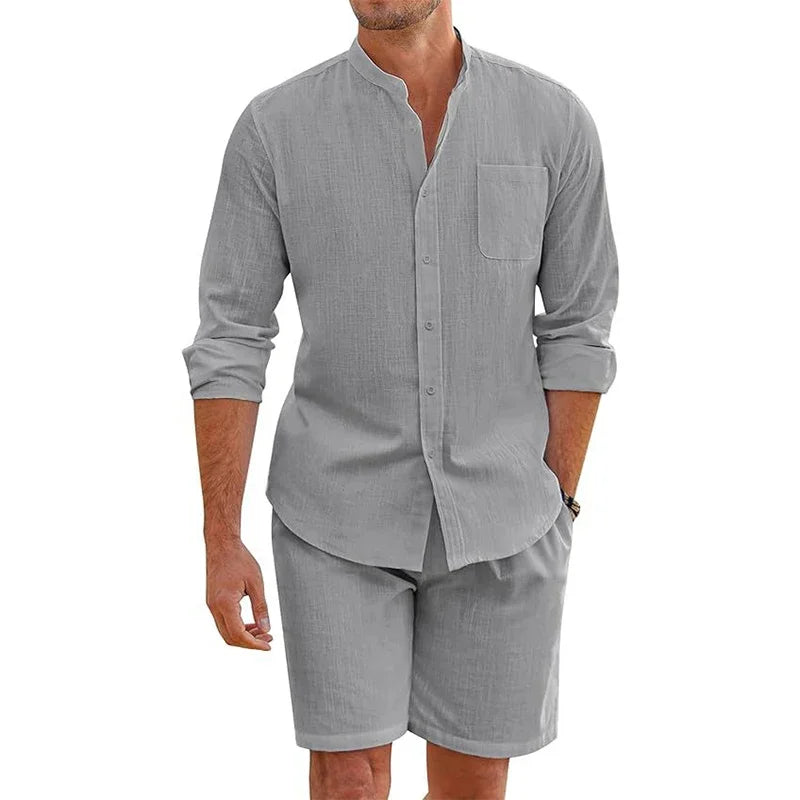 Sommer männer Casual Sets Atmungsaktive Baumwolle Leinen Vintage Stehkragen Shirts + Shorts Sets Männer Atmungsaktivem Strand Anzüge