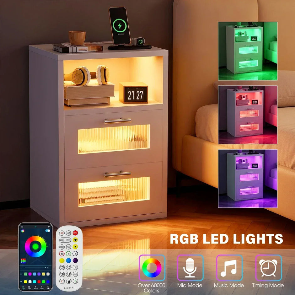 LED-Nachttisch mit 2 Schubladen & Ladestation - Moderner Beistelltisch für Schlafzimmer - Nachtkommode mit Beleuchtung in Schwarz & Weiß - FUXLShop