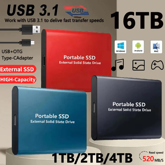 Tragbare SSD mit 16 TB, 2 TB, 1 TB – USB 3.1 & Typ-C – Externe Hochgeschwindigkeits-Festplatte für Laptop, PC, Mac – Speicher für Fotos & Daten