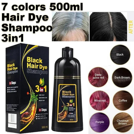 500 ml 3-in-1-Haarfärbe-Shampoo, sofort verdunkelnd, grau bis schwarz, Polygonum Multiflorum, langlebig, effektive Färbung, Abdeckung für Männer und Frauen
