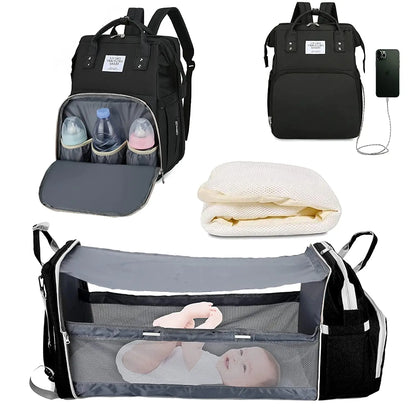 3-in-1-Wickeltasche-Rucksack, faltbares Babybett, wasserdichte Reisetasche mit USB-Aufladung, Wickeltasche-Rucksack mit Wickelbett, 3 Arten - FUXL-Shopify 