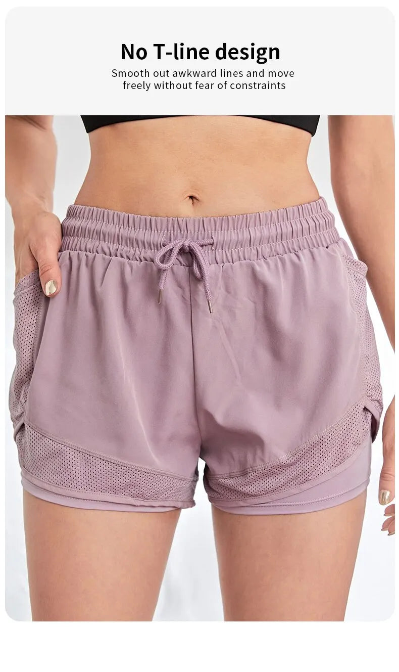Elastische Sportshorts für Damen, Shorts mit Taschen, gefälschte zweiteilige Yoga-Leggings zum Laufen und Training