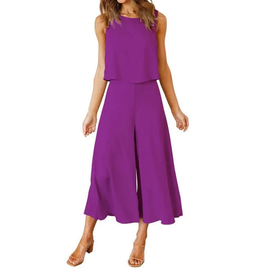 Neue 2025 frauen Sommer 2 Stück Set rundhals Kurze Reine Farbe Breite Bein Hosen Anzug Elegante Modische Casual komfortable
