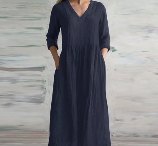 Damen Baumwoll-Leinen Maxikleid – Loose Fit, V-Ausschnitt, Langarm, Casual für Frühling & Herbst - FUXL-Shopify 