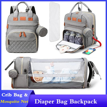 3-in-1-Wickeltasche-Rucksack, faltbares Babybett, wasserdichte Reisetasche mit USB-Aufladung, Wickeltasche-Rucksack mit Wickelbett, 3 Arten - FUXL-Shopify 