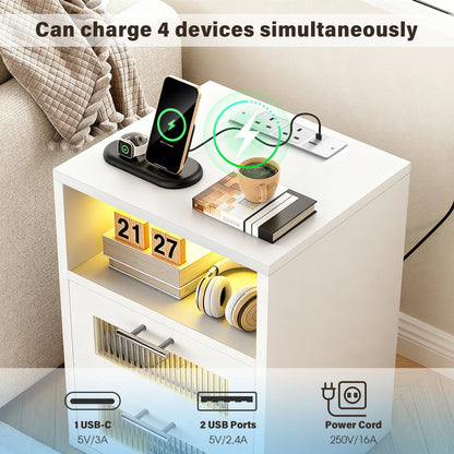 LED-Nachttisch mit 2 Schubladen & Ladestation - Moderner Beistelltisch für Schlafzimmer - Nachtkommode mit Beleuchtung in Schwarz & Weiß