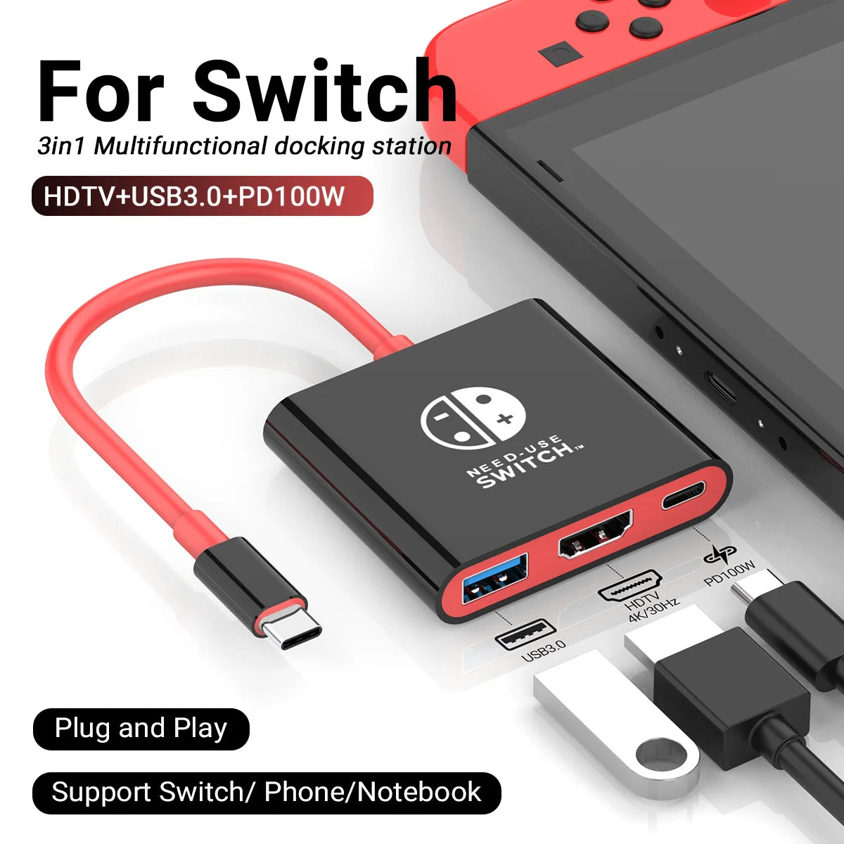 3-in-1 USB-C Hub HDMI 4K 30Hz PD 100W Schnellladung USB 3.0 Dockingstation MacBook Laptop