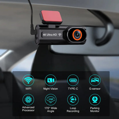 Ultra HD 4K Dash Cam – Mini WIFI DVR mit Nachtsicht, 24h Parküberwachung & optionalem GPS/Rückfahrkamera – kompakt & zuverlässig
