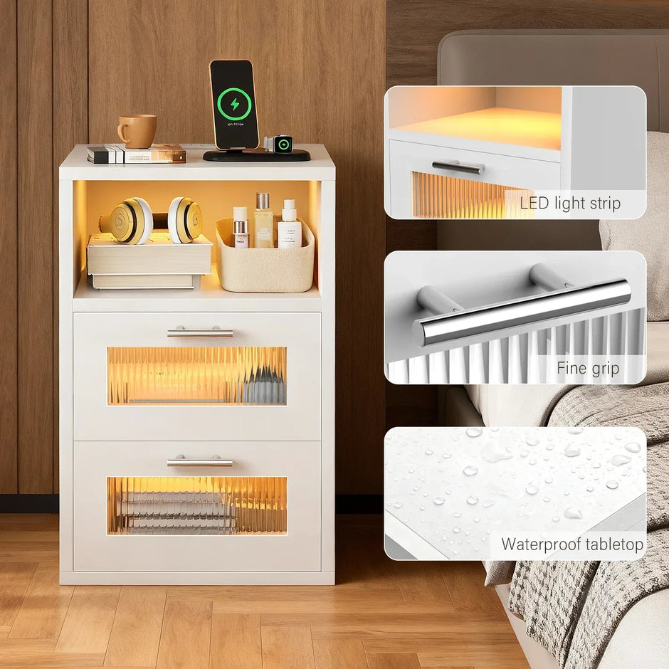 LED-Nachttisch mit 2 Schubladen & Ladestation - Moderner Beistelltisch für Schlafzimmer - Nachtkommode mit Beleuchtung in Schwarz & Weiß - FUXLShop