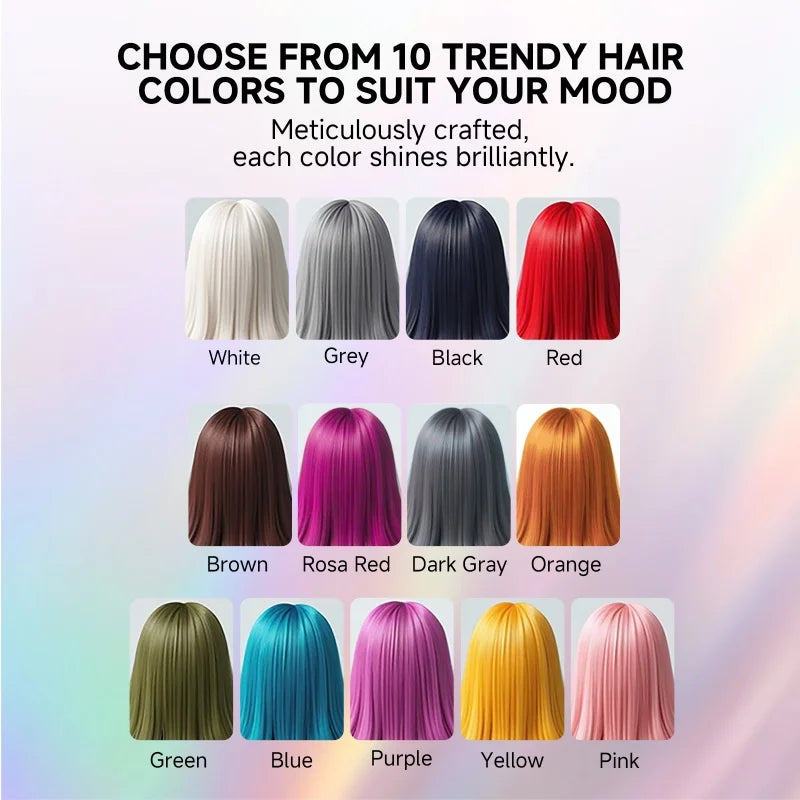 10 trendy hair colors: White, Grey, Black, Red, Brown, Rosa Red, Dark Gray, Orange, Green, Blue, Purple, Yellow, Pink.