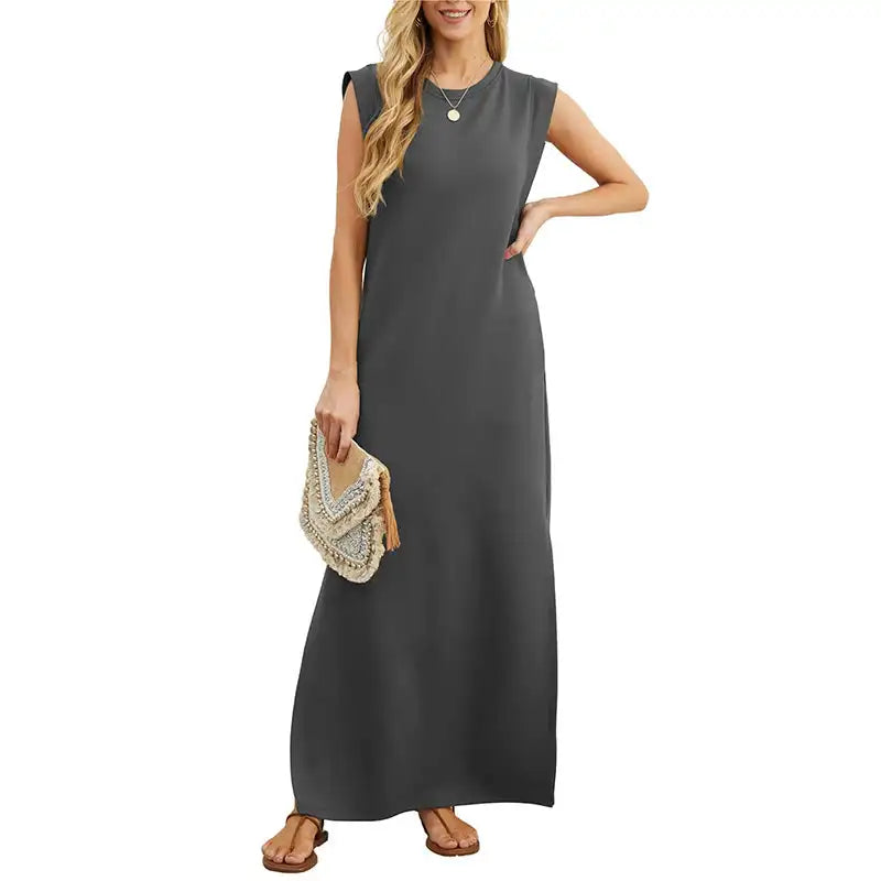 Damen Sommer lässig locker Sommerkleid langes Kleid ärmellose Rundhals ausschnitt Split T-Shirt Maxi kleider falten frei mit Tasche