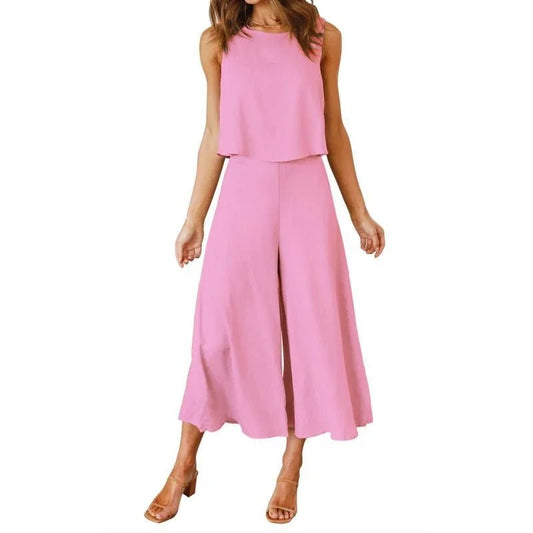Neue 2025 frauen Sommer 2 Stück Set rundhals Kurze Reine Farbe Breite Bein Hosen Anzug Elegante Modische Casual komfortable