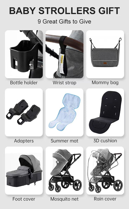 Luxuriöser 3-in-1 Kinderwagen – für Neugeborene, Reisegeeignet & Faltbar – Aluminiumrahmen, Liegefunktion, verstellbares Verdeck