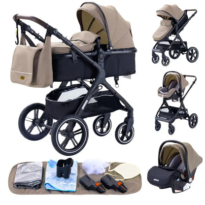 Luxuriöser 3-in-1 Kinderwagen – für Neugeborene, Reisegeeignet & Faltbar – Aluminiumrahmen, Liegefunktion, verstellbares Verdeck