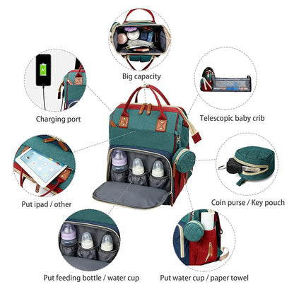 3-in-1-Wickeltasche-Rucksack, faltbares Babybett, wasserdichte Reisetasche mit USB-Aufladung, Wickeltasche-Rucksack mit Wickelbett, 3 Arten - FUXL-Shopify 
