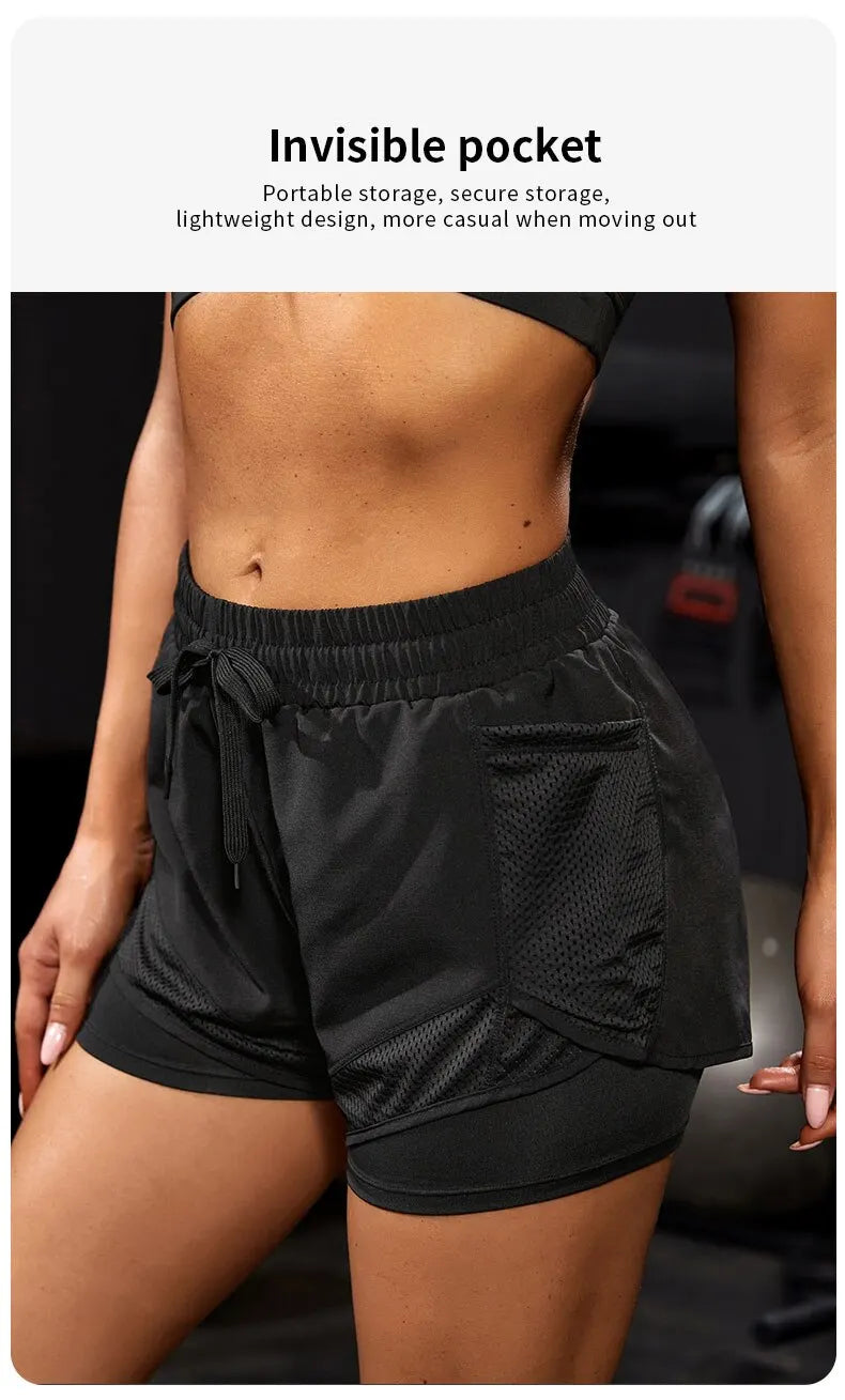 Elastische Sportshorts für Damen, Shorts mit Taschen, gefälschte zweiteilige Yoga-Leggings zum Laufen und Training
