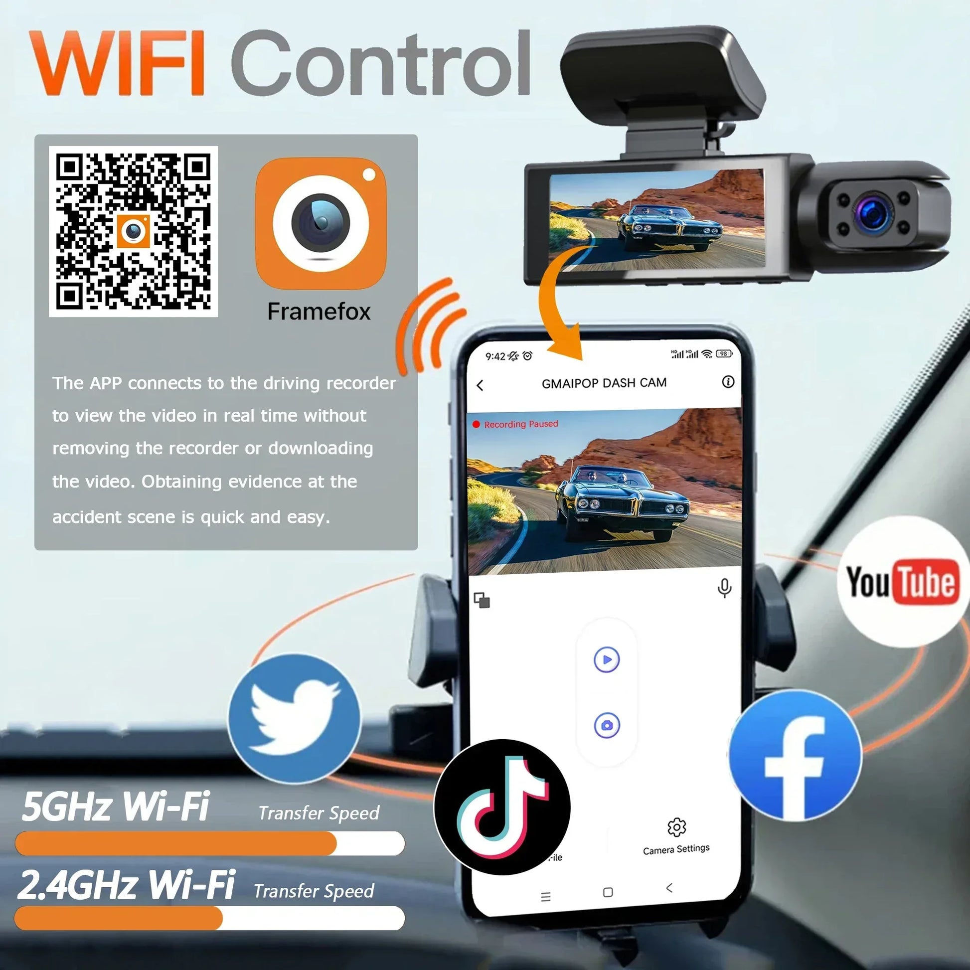 Dashcam 1080P Dual-Kamera WiFi – IR-Nachtsicht, Loop-Aufnahme, Weitwinkel, vorne & innen - FUXLShop