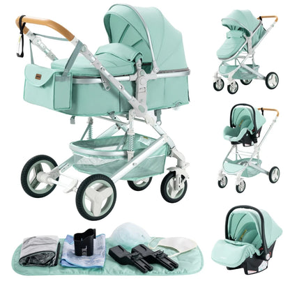 Luxuriöser 3-in-1 Kinderwagen – für Neugeborene, Reisegeeignet & Faltbar – Aluminiumrahmen, Liegefunktion, verstellbares Verdeck